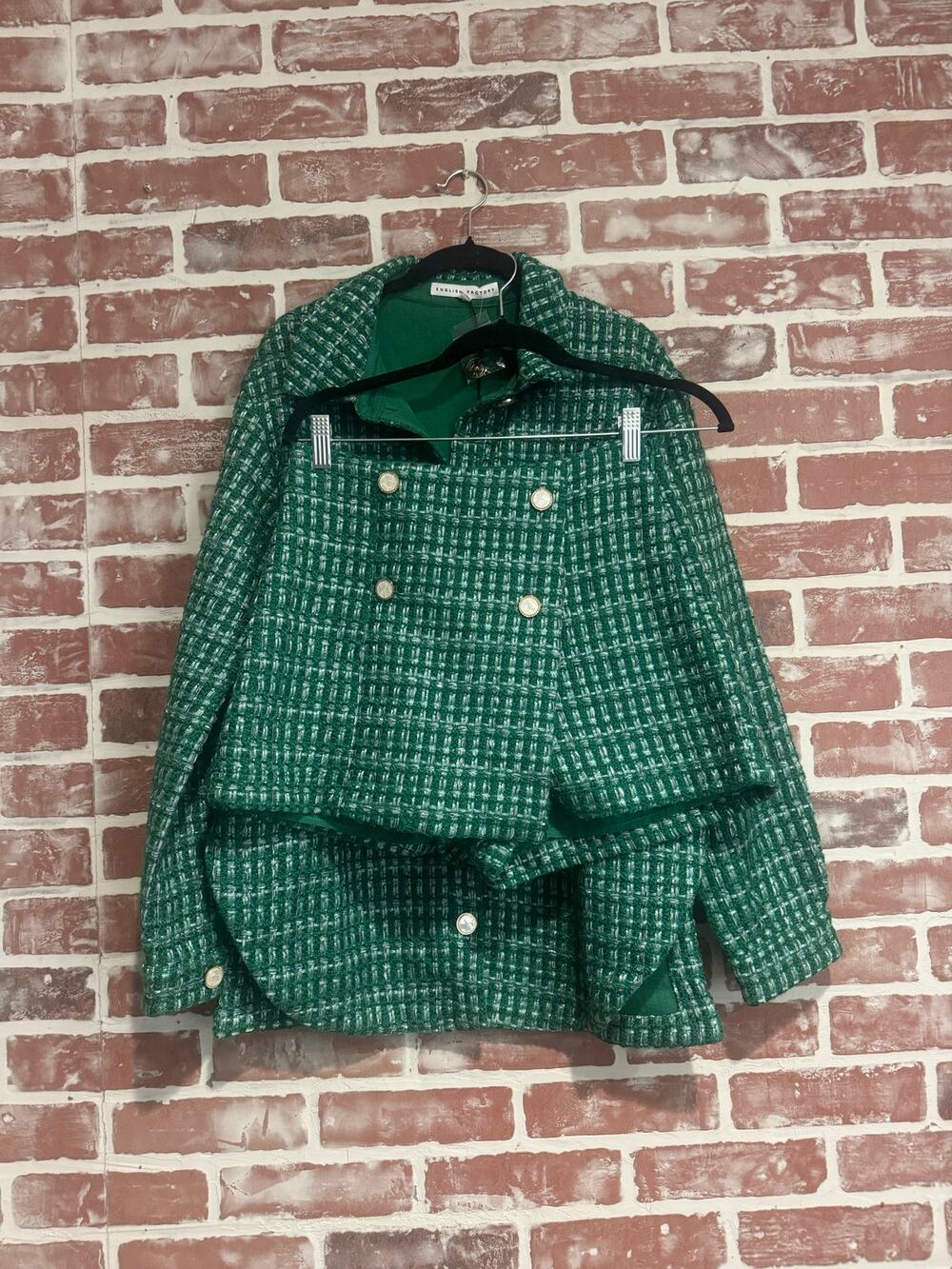 New English Factory Green Metallic Tweed Jacket Shorts 2 Piece Set NWT Size S